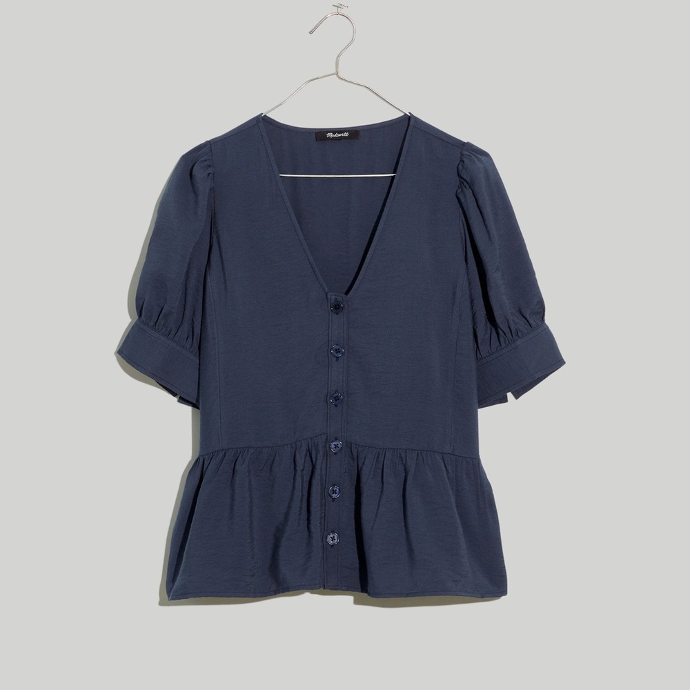 Madewell Blue Puff Sleeve Peplum Blouse